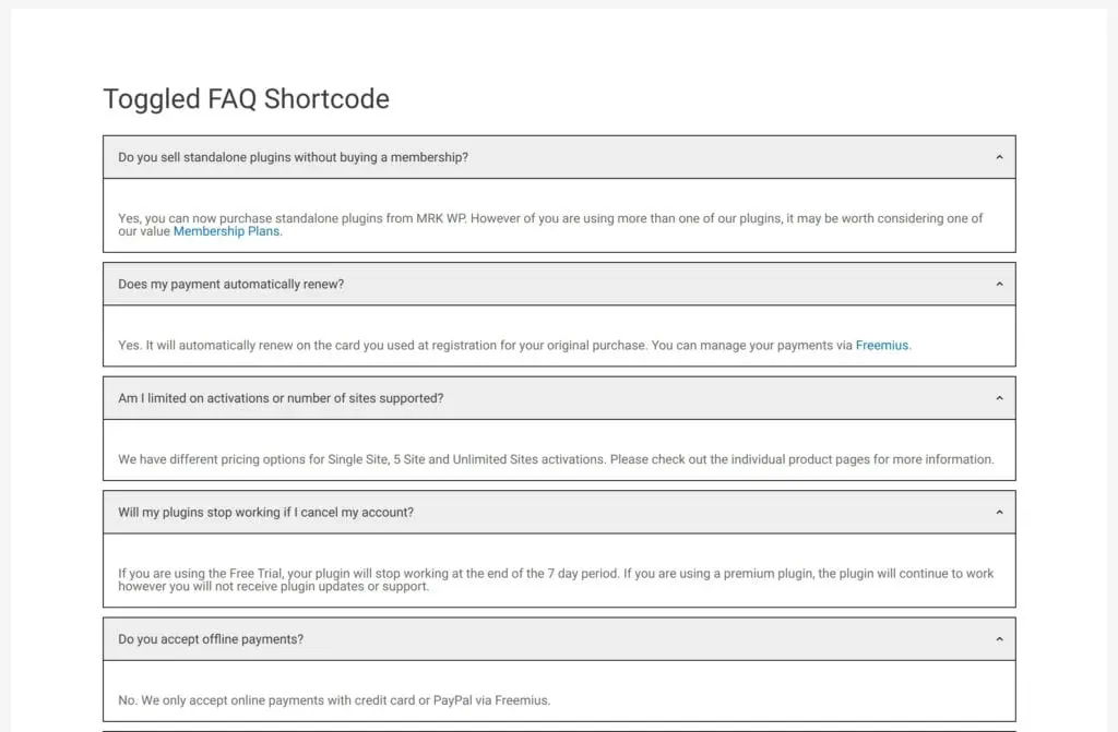 Toggled FAQ shortcode