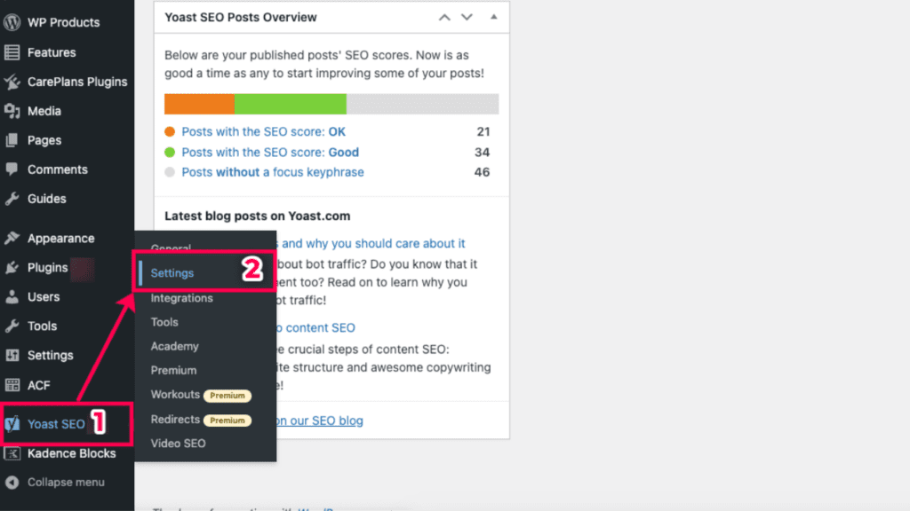 Navigation steps to accessing Yoast settings