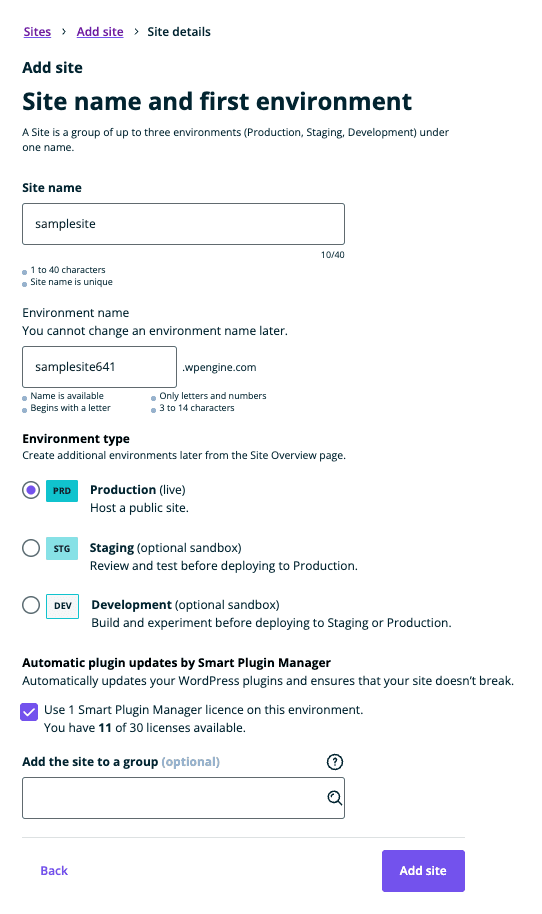 WP Engine site details