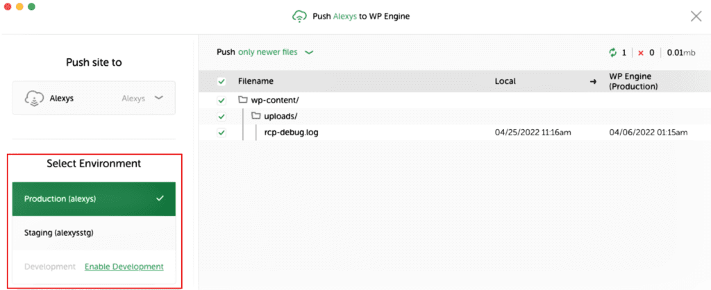 Select environment to push files to.