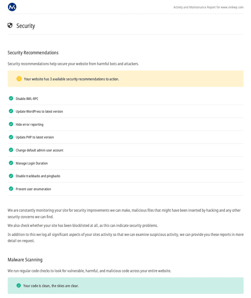 WPMU Security monthly maintenance report