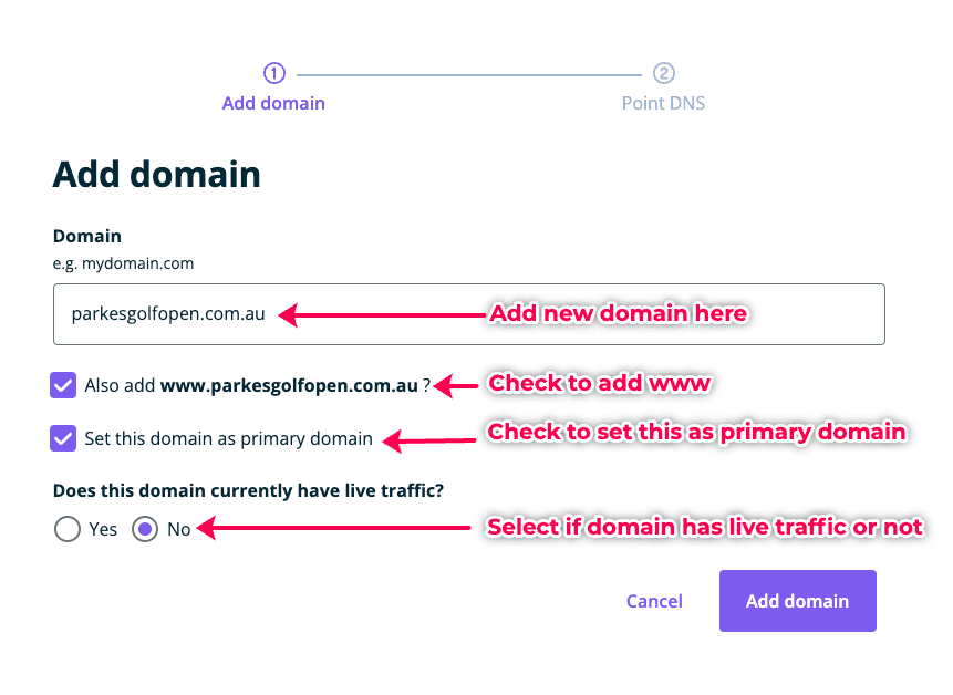 Add new domain form fill in process.