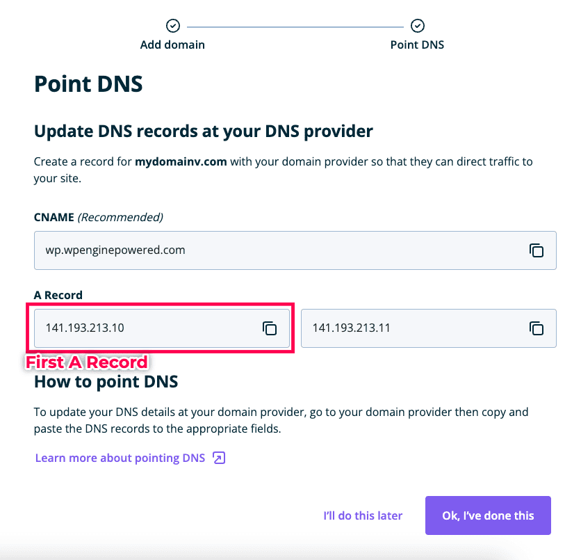 First A Record WP Engine.