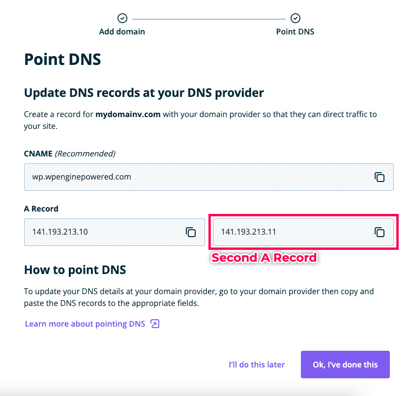 Second A Record WP Engine.