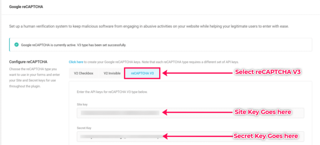 WP Defender reCaptcha keys form.