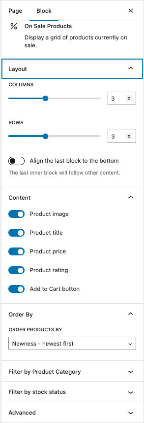 Options offered by the On Sale block