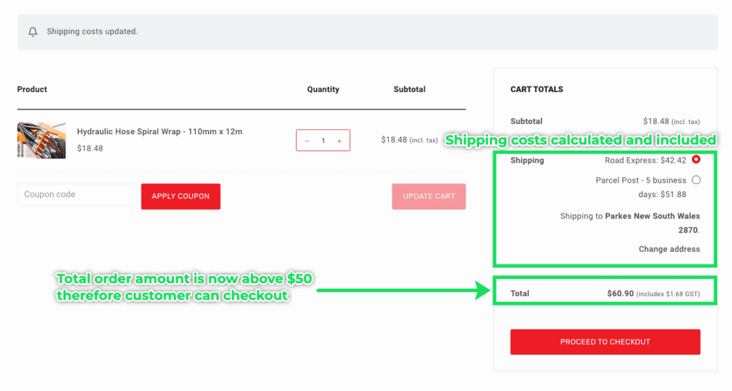 Total order amount after adding shipping costs