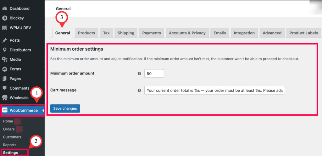 The minimum order settings inside WooCommerce