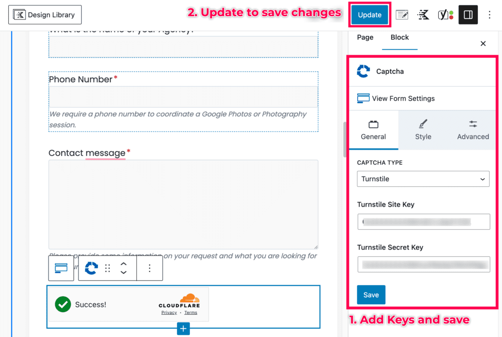 How to add turnstile secret keys to the Captcha field inside Kadence Forms