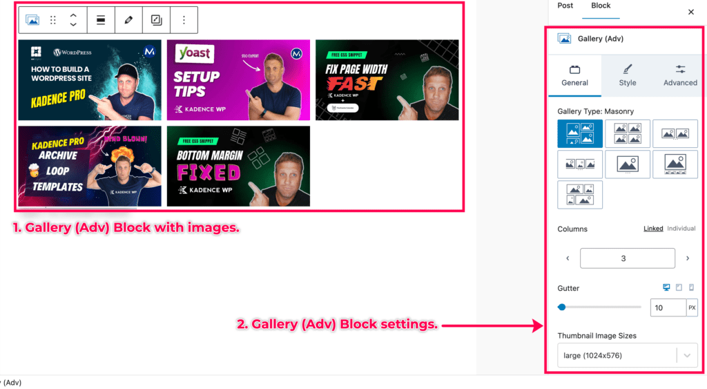 The Gallery (Adv) Block and its settings.