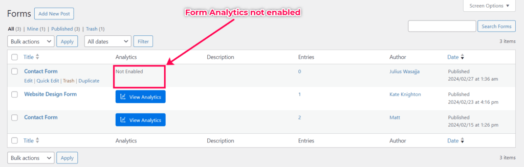 A table showing tracking disabled on a form