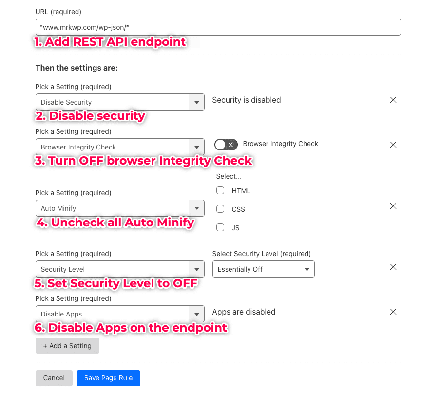 Creating a Page rule inside Cloudflare to allow access to WordPress REST API