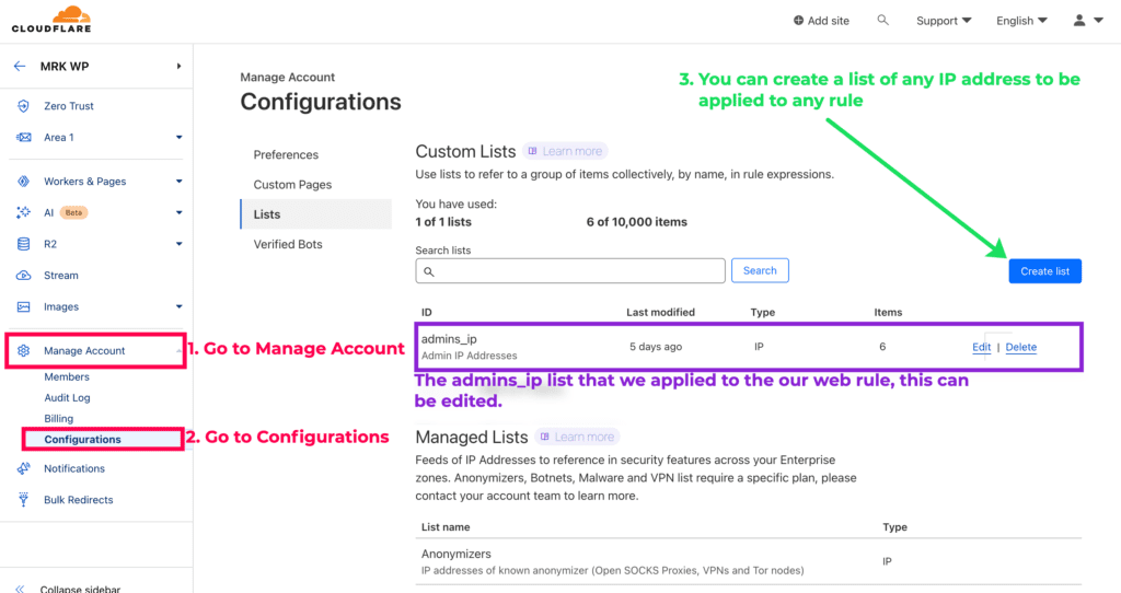 Cloudflare custom lists under website configuration.