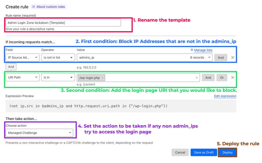 Creating a web rule to lockdown WordPress login with Cloudflare