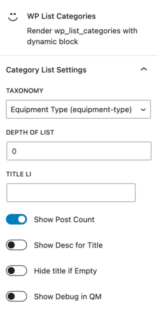 WP List categories Block Panel